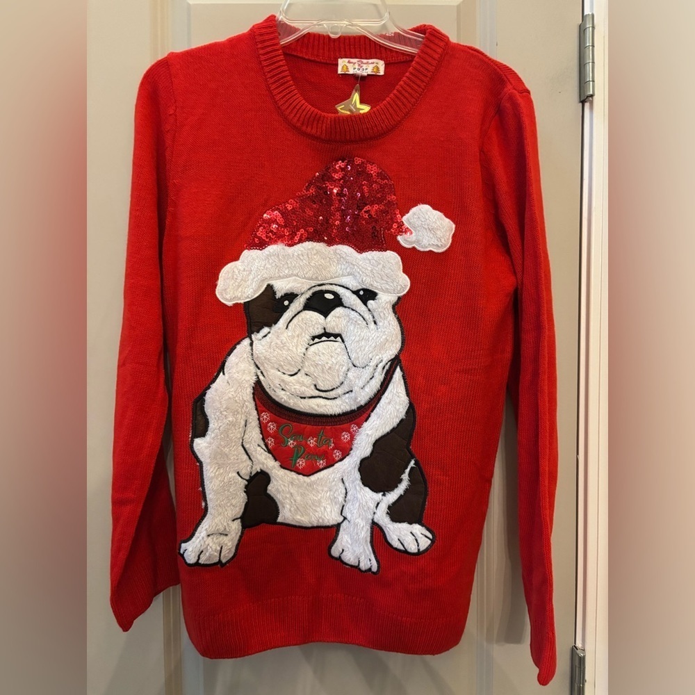 Poof! Merry Christmas Dog Festive Red Knit Sweater